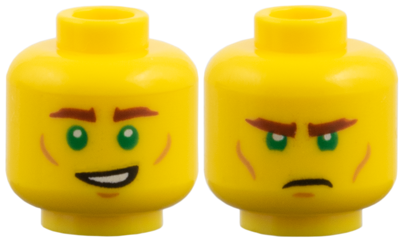 Yellow minifigure head with green eyes and brown eyebrows. One side has a smile and the other has a frown.