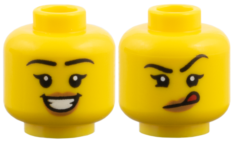 Yellow minifigure head with black eyebrows and nougat lips. One side shows an open smile, the other shows a red tongue.