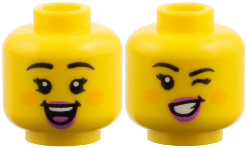Yellow minifigure head with black eyebrows and pink lips. One side has an open smile, the other is winking with a lopsided smile.