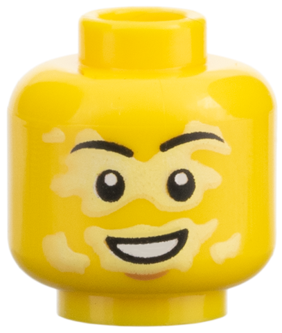 Yellow minifigure head with tan vitiligo markings and a wide open mouth smile showing teeth.