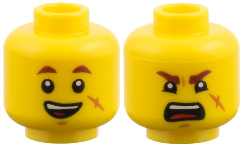 Minifigure, Head Dual Sided Reddish Brown Small Eyebrows, Dark Orange Scar on Cheek, Open Mouth Smile with Top Teeth and Red Tongue / Angry Scowl Pattern in Yellow