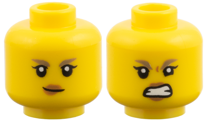 Yellow dual-sided female head with dark tan eyebrows, black eyelashes, and medium nougat lips showing a lopsided grin and angry bared teeth.