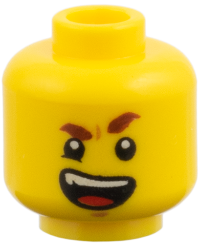 Yellow minifigure head with reddish brown eyebrows, a chin dimple, and a wide lopsided smile showing teeth and a red tongue.
