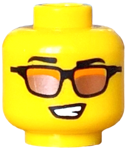 Yellow minifigure head wearing sunglasses with copper lenses and orange reflections, featuring a lopsided open mouth smile showing teeth.