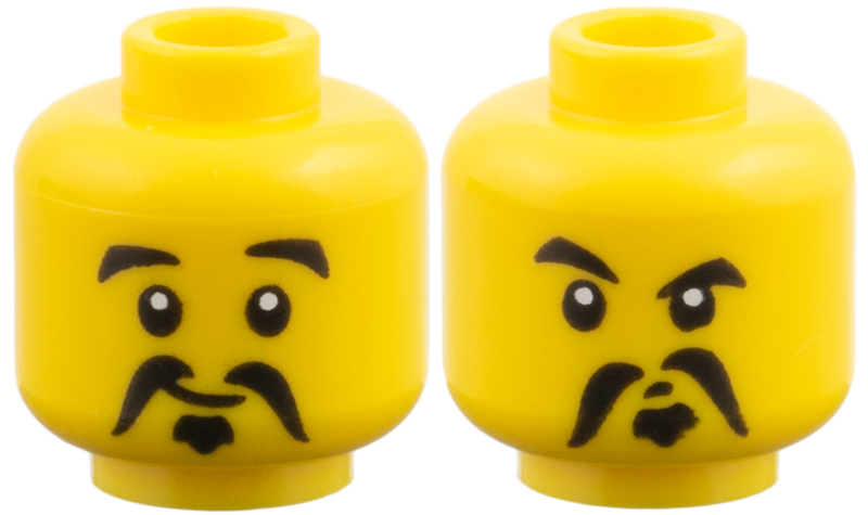 Yellow dual-sided head with black eyebrows and a long Fu Manchu moustache, showing a lopsided grin on one side and a confused look on the other.