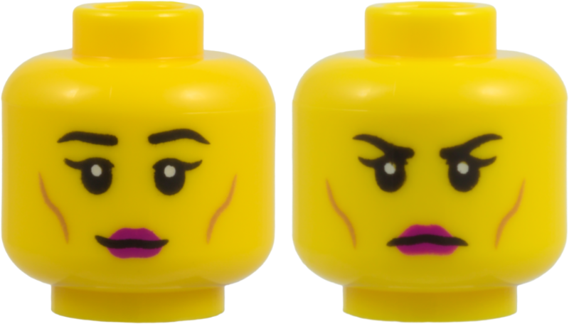 Yellow minifigure head with black eyebrows, eyelashes, and magenta lips, showing a smile on one side and a frown on the other.