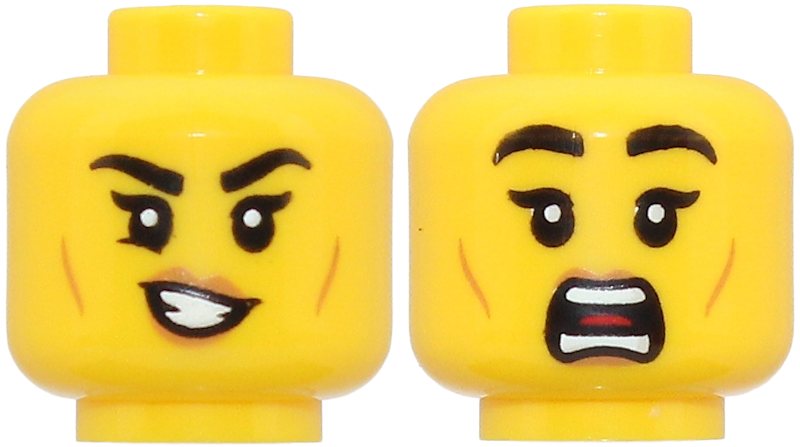 Yellow dual-sided female head showing a scowl on one side and a scared expression with an open mouth on the other.