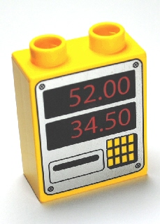 Duplo, Brick 1 x 2 x 2 with Keypad, Card Slot, '52.00' and '34.50' on Silver Background Pattern