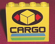 Panel 1 x 4 x 3 - Hollow Studs with Box and Red Arrows on Black Oval, 'CARGO', Blue and Green Stripes Pattern