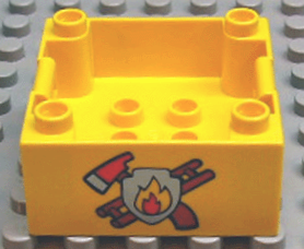 Duplo Container Box 4 x 4 with Studs on Corners with Crossed Fire Axe and Dark Orange Ladder Behind Silver Shield with Flames Pattern