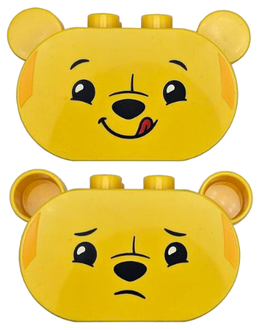 Duplo, Brick 2 x 4 x 2 1/2 Rounded Ends, Ears on Sides with Black Eyebrows, Eyes, Nose, and Mouth, Lopsided Grin with Red Tongue Sticking Out / Sad Pattern (Winnie the Pooh Head)