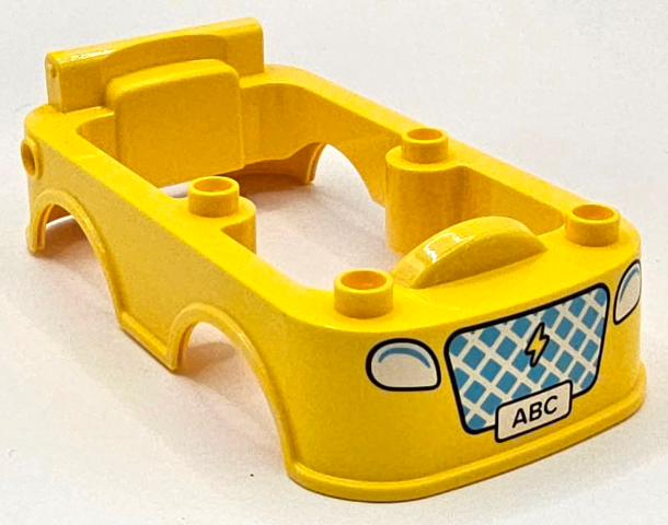 Duplo Car Body Bus Small Bottom Section with White 'ABC' License Plate and Headlights and Medium Azure Grille with Lightning Bolt Pattern