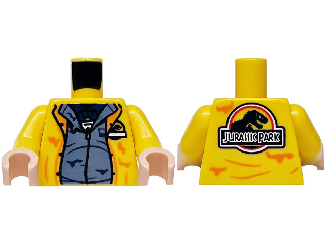 Yellow torso with yellow arms and light nougat hands. Features an open vest over a blue shirt and a Jurassic Park logo on the back.