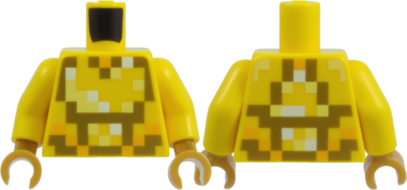 Yellow torso with yellow arms and pearl gold hands. Features a pixelated pattern of gold and orange blocks on both sides.