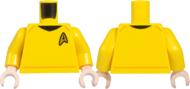 Yellow torso with yellow arms and light nougat hands, featuring a Starfleet command uniform print.