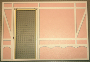 Scala Wall, Vertical Grooved 40 x 2 x 22 2/3 with Door with White Tudor Frame on Light Salmon Background Pattern