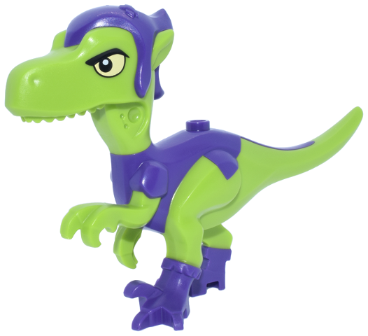 Dinosaur Body Raptor with Molded Dark Purple Hat, Shirt and Boots and Printed Black Eyebrows and Bright Light Yellow Eyes Pattern (Gobby-Raptor)