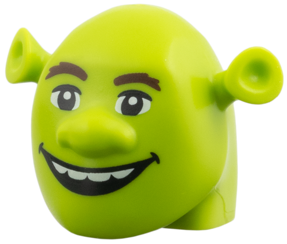 Minifigure, Head, Modified Ogre with Ears with Dark Brown Eyebrows and Open Mouth Smile with Top Teeth Pattern