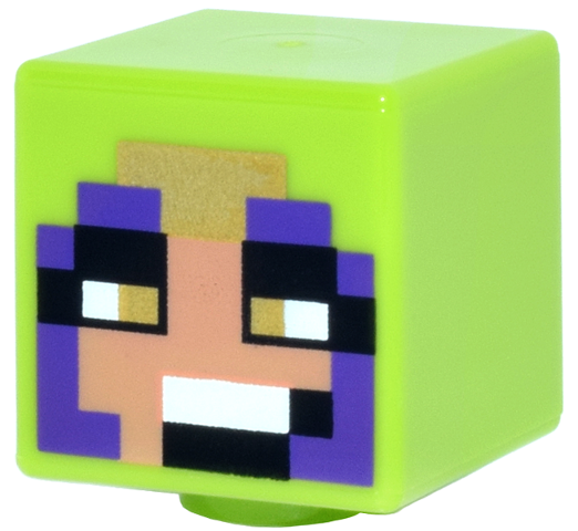 Minifigure, Head, Modified Cube with Pixelated Nougat Face, Black, Gold and White Eyes and Mouth, Dark Purple Hood Pattern (Minecraft Jungle Ranger)