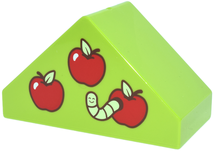 Duplo, Brick 4 x 2 Slope 45 Double with Red Apples, White Highlights, Yellowish Green Leaves and Worm Pattern