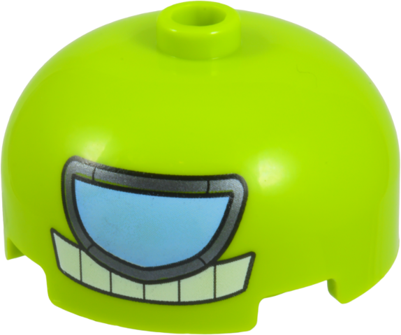 Brick, Round 3 x 3 x 1 1/3 Dome Top - Open Stud with Bright Light Blue and Dark Silver Visor, and White Teeth with Black Outlines Pattern