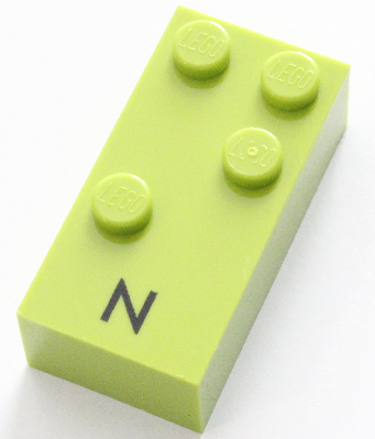 Brick, Braille 2 x 4 with 4 Studs with Black Capital Letter N Pattern (dots-1345 ⠝)