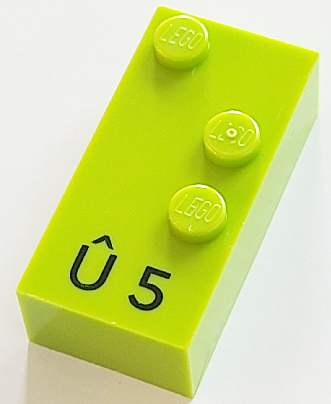 Brick, Braille 2 x 4 with 3 Studs with Black Capital Letter U with Circumflex (Û) / Number 5 Pattern (dots-156 ⠱) (French with Antoine Numbers)