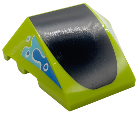 Wedge 4 x 3 Triple Curved No Studs with Black Parabolic Top, Blue and Medium Azure Triangular Squiggles with White Circles Pattern