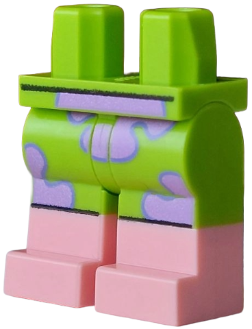 Lime legs with warm pink lower boots, decorated with blue violet and medium lavender splashes and black shorts outline.
