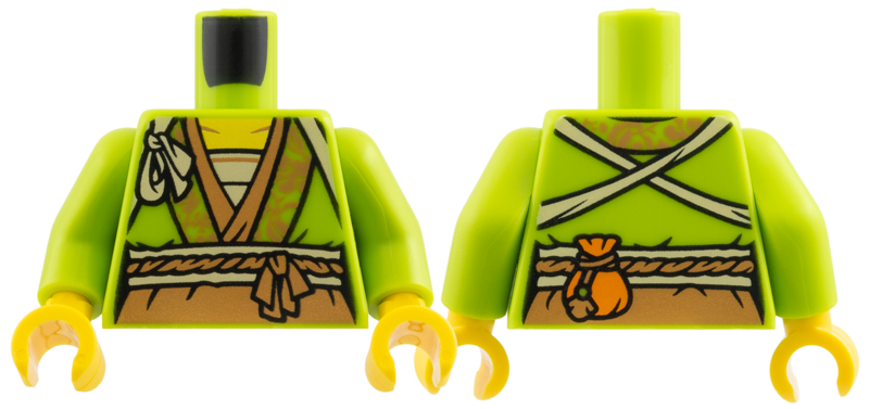 Lime green torso with a robe and tan shirt print, lime arms, and yellow hands.