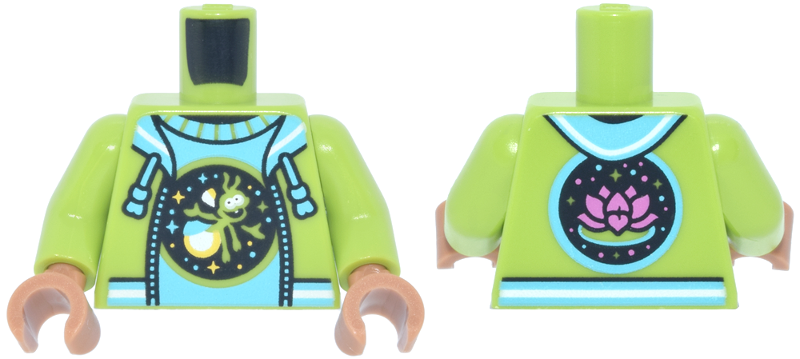 Lime torso with lime arms and medium nougat hands. Features a blue hoodie print with an ant and a pink flower on the back.