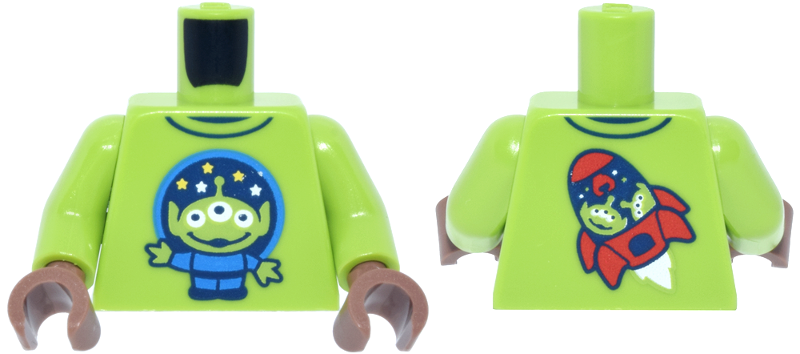 Lime torso with lime arms and medium brown hands. Features a Toy Story Alien on the front and a red rocket on the back.