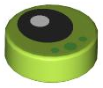 Tile, Round 1 x 1 with Black Eye with White Pupil and 3 Bright Green Dots Pattern