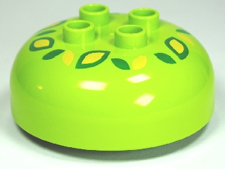 Duplo, Brick Round 4 x 4 Dome Top with 2 x 2 Studs with Green and Yellow Flower Pattern