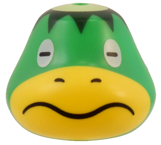 Minifigure, Head, Modified Turtle with Molded Yellow Face and Printed White Eyes, Black Nostrils and Mouth, Yellowish Green Bald Spot, and Dark Green Hair Pattern