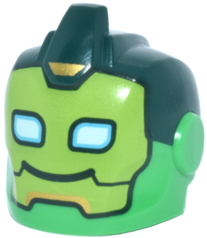 Minifigure, Headgear Helmet Armor Plates and Ear Protectors and Molded Dark Green Top and Spike with Printed Lime Faceplate, Gold Accents and Medium Azure and White Eye Holes Pattern