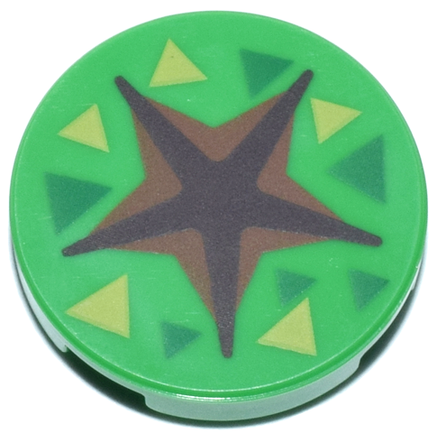 Tile, Round 2 x 2 with Bottom Stud Holder with Dark Brown and Reddish Brown Star Shaped Crevice, Green and Lime Triangles Pattern (Animal Crossing Fossil Dig Spot)