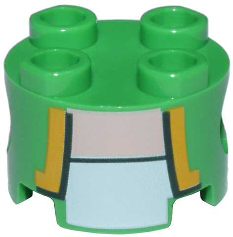 Brick, Round 2 x 2 with Pin Holes with Vest Open with Bright Light Orange and Dark Green Trim over White Shirt, Light Nougat Neck Pattern (Super Mario Green Toad Torso)