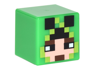 Minifigure, Head, Modified Cube with Pixelated Light Nougat Face, Black Eyes, Dark Brown Eyebrows and Mouth, and Creeper Hood Pattern (Minecraft Skin)