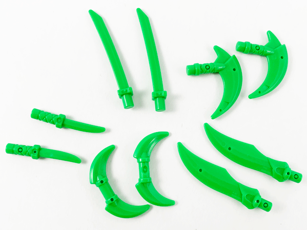 Lego 10 New Trans-Neon Green Minifigure Weapon Pack Hooks Knives and Swords 