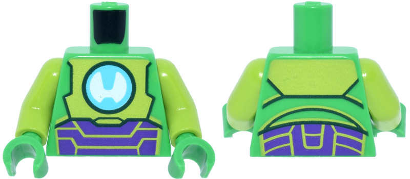 Bright green torso with lime and dark purple armor and a blue and white letter H arc reactor, lime arms, and bright green hands.