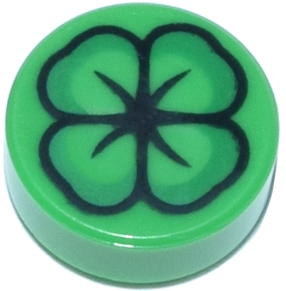 Tile, Round 1 x 1 with Green and Black Four-Leaf Clover Pattern