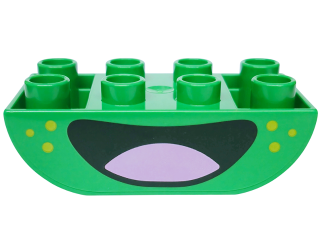 Duplo, Brick 2 x 4 Slope Curved Inverted Double with Dark Green Mouth, Bright Pink Tongue and Yellow Spots Pattern