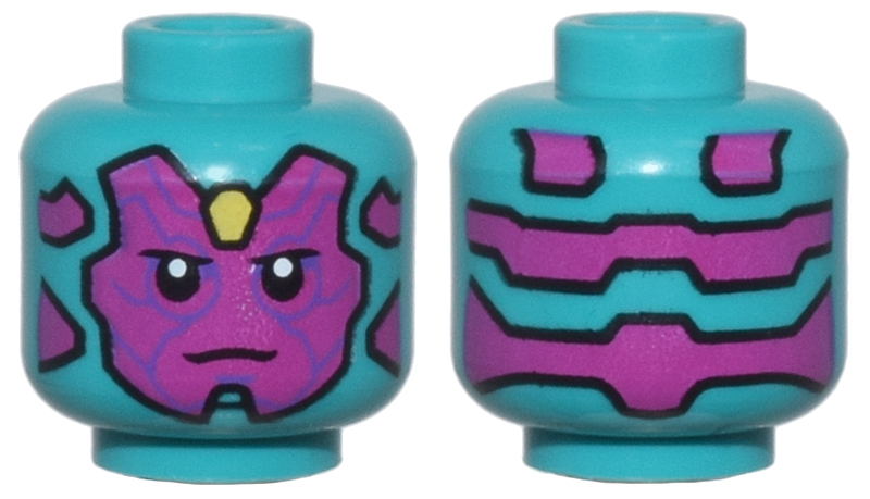Minifigure, Head Alien Robot with Magenta Face and Panels, Dark Purple Lines, Bright Light Yellow Jewel on Forehead, Stern Pattern