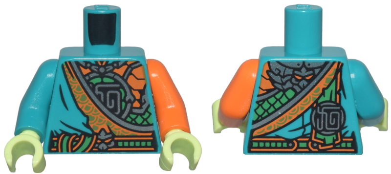 Torso Robe Over Bright Green and Silver Scale Armor and Emblem, Orange Trim and Belt Pattern / Orange Arm Left / Dark Turquoise Arm Right / Yellowish Green Hands