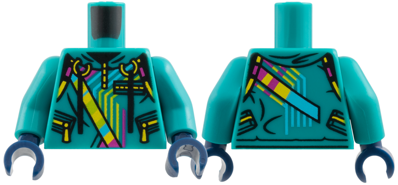 Dark turquoise torso with a colorful striped hoodie and yellow zipper details. Includes dark turquoise arms and dark blue hands.