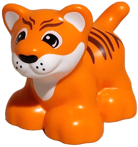 Duplo Cat, Large, Baby Cub, Standing (Tiger) with Molded White Muzzle and Inner Ears and Printed Black and White Eyes, Nose and Whisker Dots, Reddish Brown Stripes Pattern