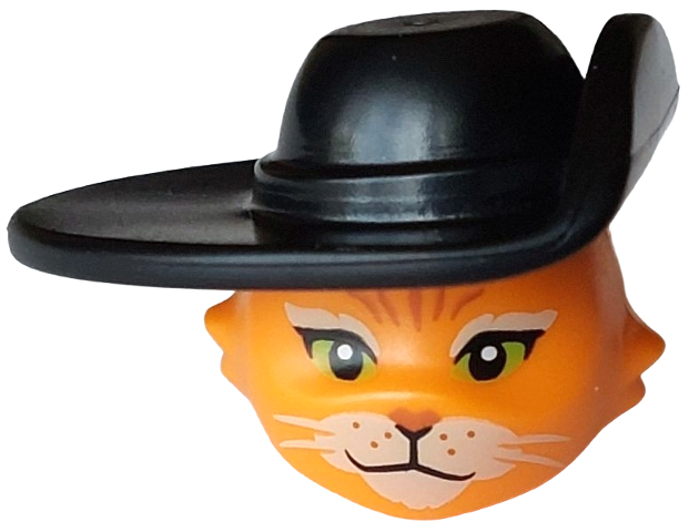 Minifigure, Head, Modified Cat with Molded Black Stylized Fedora and Printed Tan Eyebrows and Muzzle, Lime Eyes, Dark Orange Nose Pattern