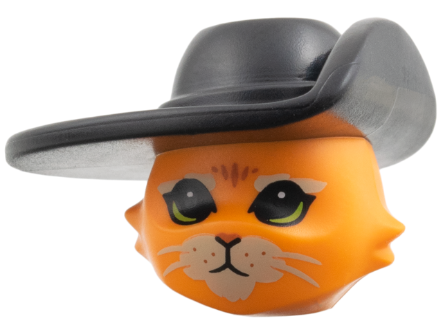 Minifigure, Head, Modified Cat with Molded Black Cavalier Hat and Printed Tan Eyebrows and Muzzle, Lime Eyes, Dark Orange Nose, Narrow Mouth Pattern
