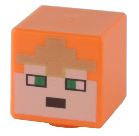 Minifigure, Head, Modified Cube with Pixelated Light Nougat Face, Green Eyes, and Gold Crown Pattern (Minecraft Royal Warrior)